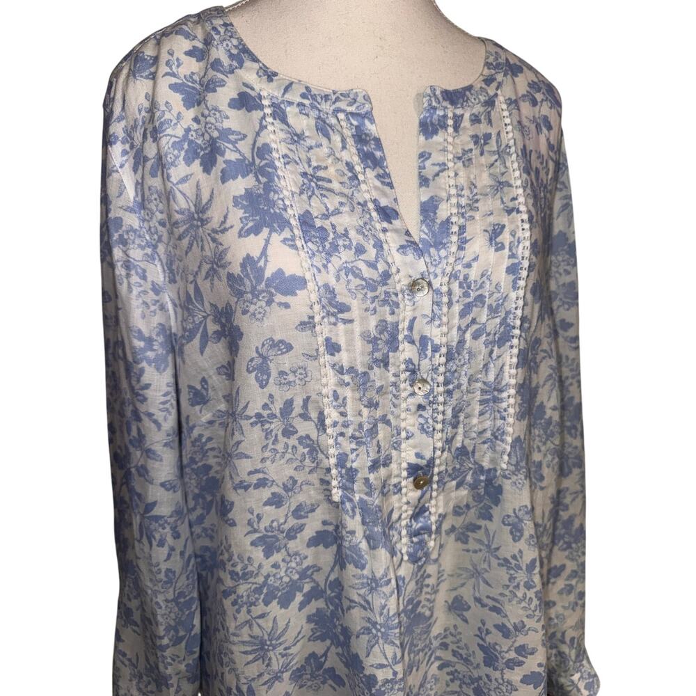 J. Jill Love Linen Floral Tunic Top Large Blue White 100% Linen Long Sleeve Boho - Picture 3 of 12